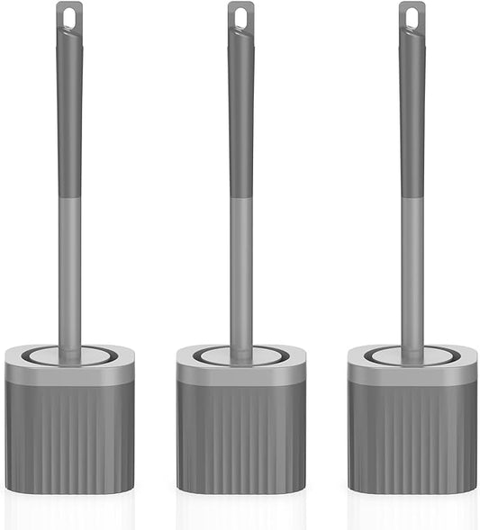 Toilet Bowl Brush and Holder, 3 Pack Compact Toilet Brush Set with Nylon Bristles Toilet Brush Hidden Scrubber Brushes for Bathroom Cleaning-Grey