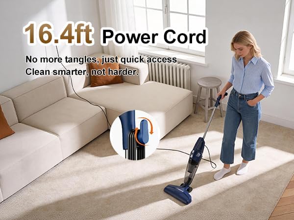 Corded Small Vacuum Cleaners for Home Stick Lightweight VA001 | Powerful Suction, Self-standing, HEPA, Handheld with 180°Left-Right Steering for Pet Hair Hard Floors Carpet Car Office