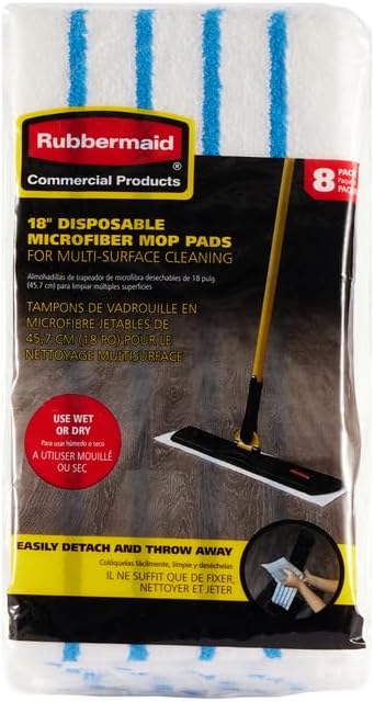 Rubbermaid Commercial Products HYGEN Disposable Microfiber Pad for Quick Connect Mop System, 8 Count, for 18" Frame, with Scrubbing/Scouring Stripes, Multisurface, for Dry and Wet Cleaning, 2182496