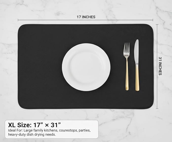 Dish Drying Mat Super Absorbent – 17" x 31" Coffee Mat for Countertops – Non-Slip Drying Mat for Kitchen Counter – Easy to Clean Water Absorbent Mat – XLarge Dish Drying Mats (Black)