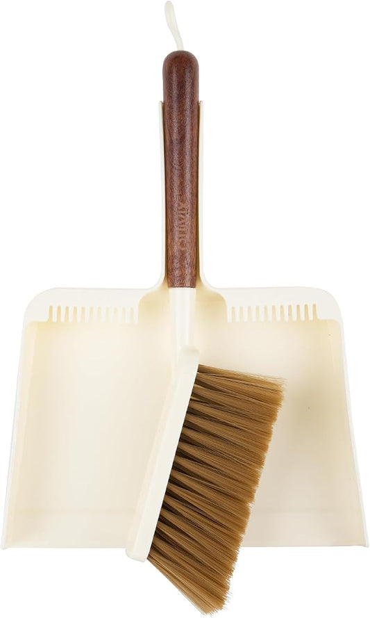 Hand Broom and Dustpan Set,Portable Small Dustpan and Brush Set with Sapele Wood Handle,Teeth Design,Compact Hangable Broom with Dustpan for Cleaning Desktops Kitchen Sofa Pet Hair,Beige