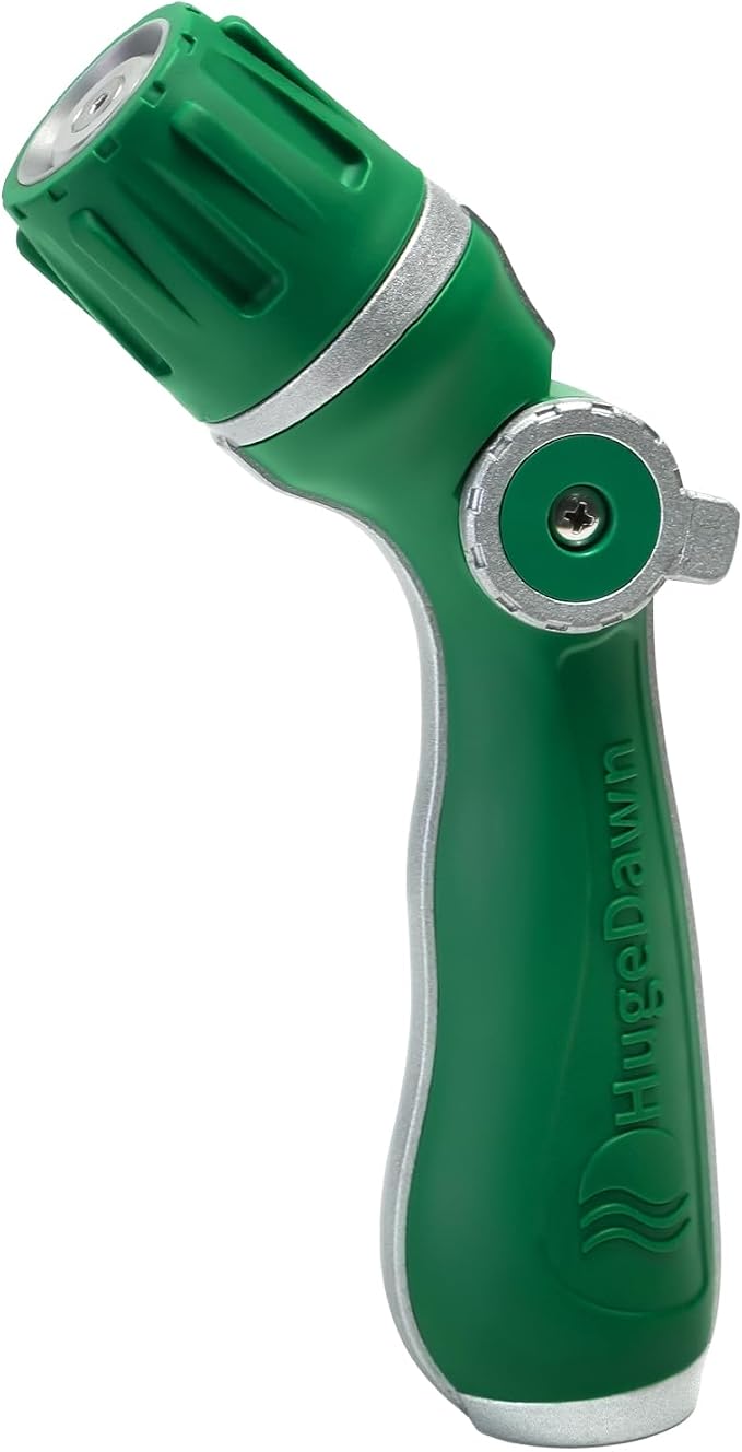 HugeDawn Garden Hose Nozzle, Heavy Duty High Pressure Metal Hose Spray Nozzle with 30% Greater Water High Flow, 3 Spray Patterns, Non-Slip Thumb Control for Quick Watering & Cleaning (Green)