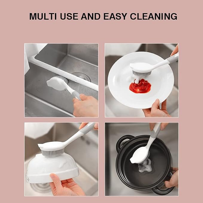 Dish Scrubber, Silicone Soft Bristles Scrub Brush with Scraper Tip, Comfortable Grip Brushes for Kitchen Sink, Pans, Pots, Skillet, Vegetable, Fruit, Potato Cleaning (White/Grey)