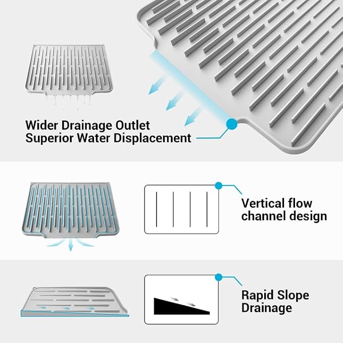Foldable Silicone Dish Drying Mat for Kitchen Counter & Sink - Quick Dry, Space Saving, Non-Slip Pad for Small Apartments & Coffee Bar Light Grey