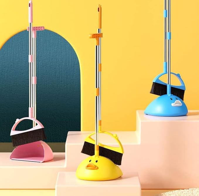 Cute Duck Cleaning Broom and Dustpan Set with Long Handle Stand Up Broom and Dustpan for Home Kitchen Room Office, Outdoor Indoor (Yellow)