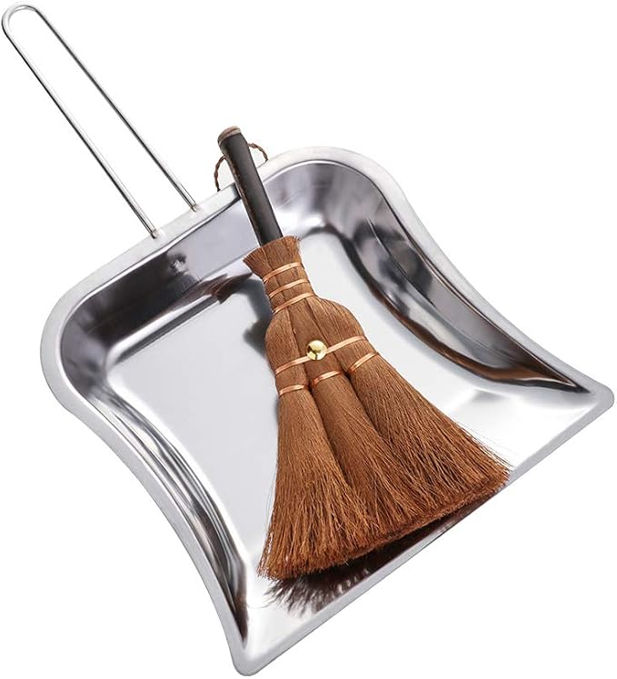 Small Metal Dustpan&Brush Set for Fireplace Garage Workshop Tabletop | Heavy Duty Vintage Dust Pan Natural Handmade Broom Dust Shovel