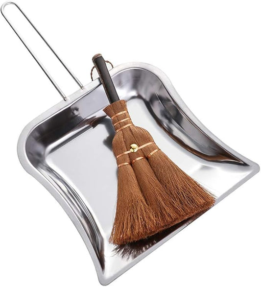 Small Metal Dustpan&Brush Set for Fireplace Garage Workshop Tabletop | Heavy Duty Vintage Dust Pan Natural Handmade Broom Dust Shovel