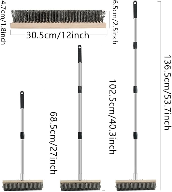 Heavy Duty Floor Scrubber,Deck Brush with Long Handle,56L''×12W Stainless Steel Wire Scrub Brush, Stiff Metal Bristle Scrubber Broom for Deck, Concrete, Patio Floor Cleaning Moss Removal