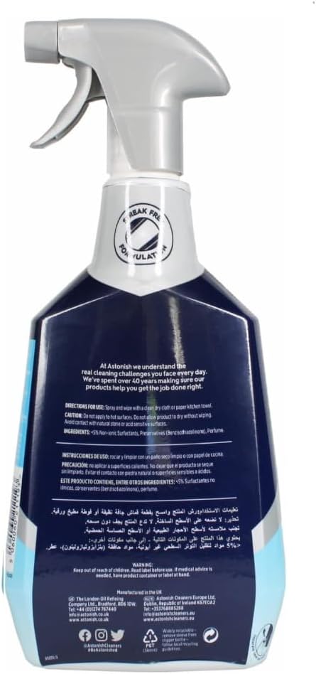Astonish Specialist Stainless Steel Cleaner & Shine Spray, Clear Waters - Streak-Free Polished Finish for Fridge, Range Hood & Back Splash - Remove Grease & Watermarks, Vegan, Cruelty-Free, 750ml