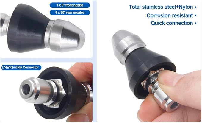 MIZORLIE Pressure Washer Sewer Jetter Nozzle with Stainless Steel | Durable Design Sewer Jet Nozzle,Pressure Drain Jetter Hose Nozzle,1/4'' Quickly Connector, 5000 PSI Orifice 6.5
