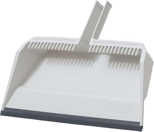 Superio Wide Plastic Dustpan with Comb - 16" Wide, Rubber Lip, Broom Handle Clip, White