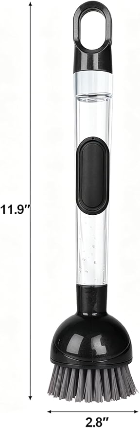 Soap Dispensing Dish Brush with Handle, 360° Rotating Head, 5-Piece Kitchen Cleaning Set (2 Brush Heads & 3 Sponges), Non-Scratch Scrubber for Pot, Pan, Sink, Leak-Proof Dishwand, Black