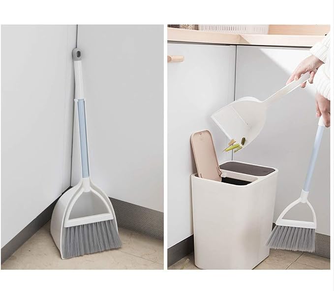 Mini Broom with Dustpan for Kids,Little Housekeeping Helper Set (White+Grey)