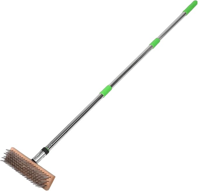 minkissy Long Handle Stainless Steel Scrubber Brush with Hard Bristle Structure for Outdoor Use, Concrete Surfaces and Pool Walls Cleaning, Tough Moss Removal and Deck Restoration