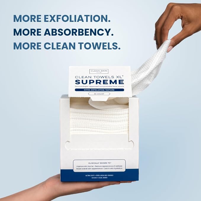 Clean Skin Club Clean Towels XL® Supreme, 100% USDA Biobased Face Towel, Disposable Face Towelette, Eczema Association Accepted, Thicker Textured Dry Wipes, Ultra Absorbent & Soft, 1 Pack, 50 Ct