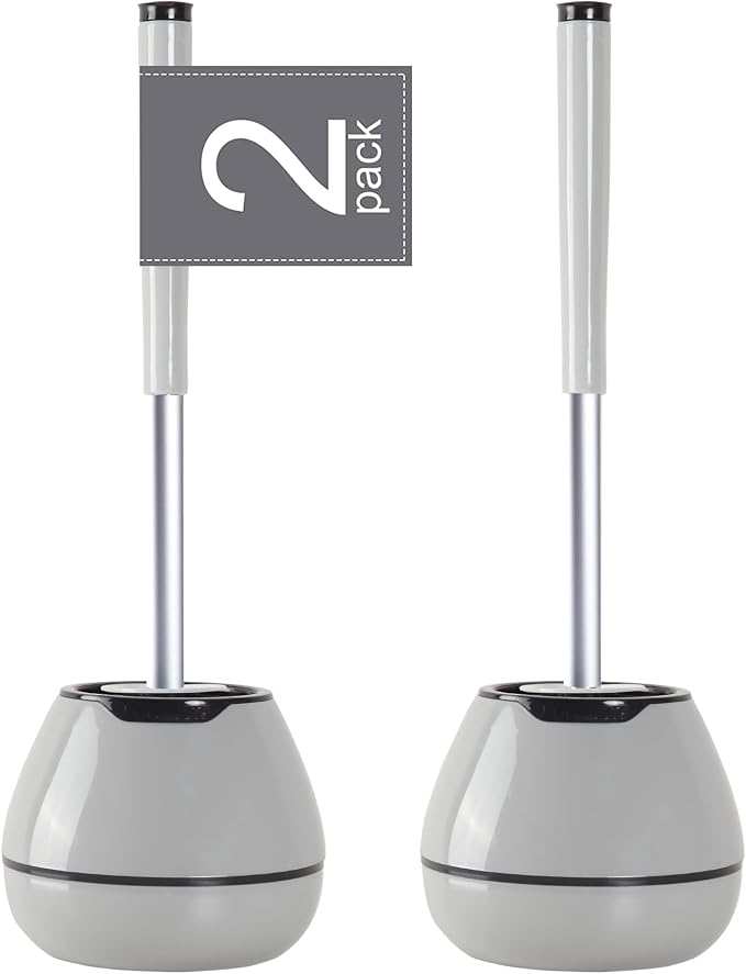 BOOMJOY Toilet Brush and Holder Set 2 Pack, Silicone Toilet Bowl Cleaner Brush, Toilet Scrubber Brush with Tweezers for Bathroom Cleaning, RV Accessories, House Organization Must-Haves - Gray
