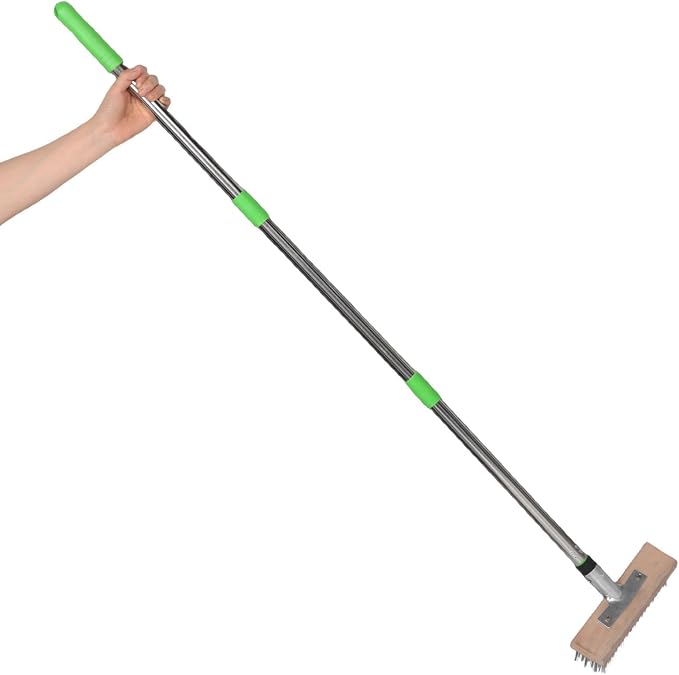 minkissy Long Handle Stainless Steel Scrubber Brush with Hard Bristle Structure for Outdoor Use, Concrete Surfaces and Pool Walls Cleaning, Tough Moss Removal and Deck Restoration