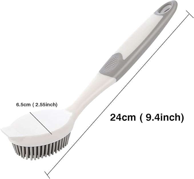 Dish Scrubber, Silicone Soft Bristles Scrub Brush with Scraper Tip, Comfortable Grip Brushes for Kitchen Sink, Pans, Pots, Skillet, Vegetable, Fruit, Potato Cleaning (White/Grey)