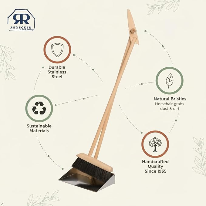 REDECKER Horsehair Broom & Stainless Steel Dust Pan Set - Oiled Beechwood Handles, 35-3/8 Inch - Broom & Dustpan Combo for Home, Kitchen, Outdoor Use - Wooden Broom and Dustpan Set, Made in Germany
