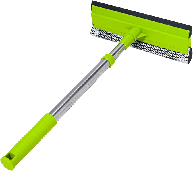 Window Squeegee with 15-24" Long Handle, 2-in-1 Squeegee Cleaner Tool, Retractable Stainless Steel Handle for Car Windshield, Shower Glass, Glass Doors, Outdoor Windows, High Windows