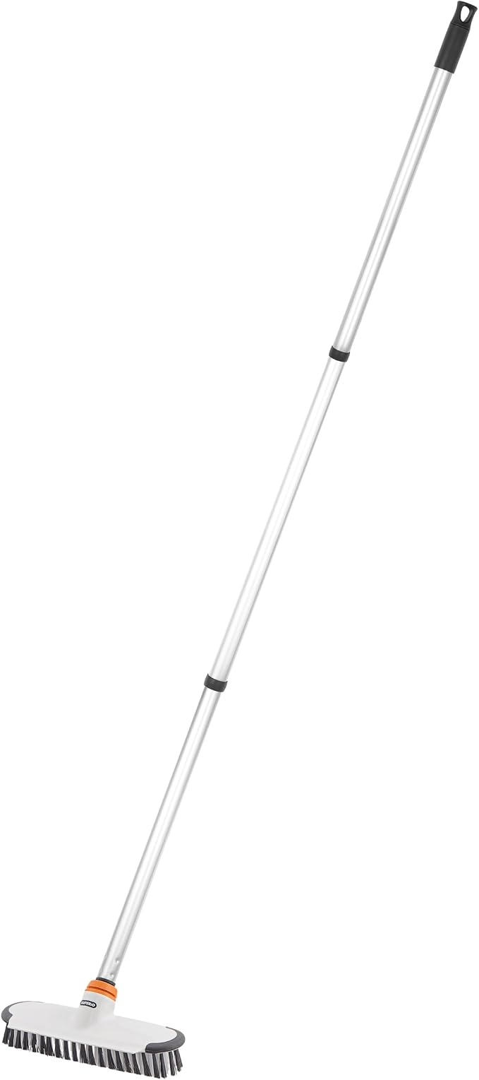 Superio Deck Scrub Brush with Long Handle, Heavy Duty Stiff Bristles Grout Scrubber with Scraper - Cleans Hot Tub, Swimming Pool, Granite Tiles, Bathroom, Patio, Kitchen, Wall and Deck (3 Part Handle)