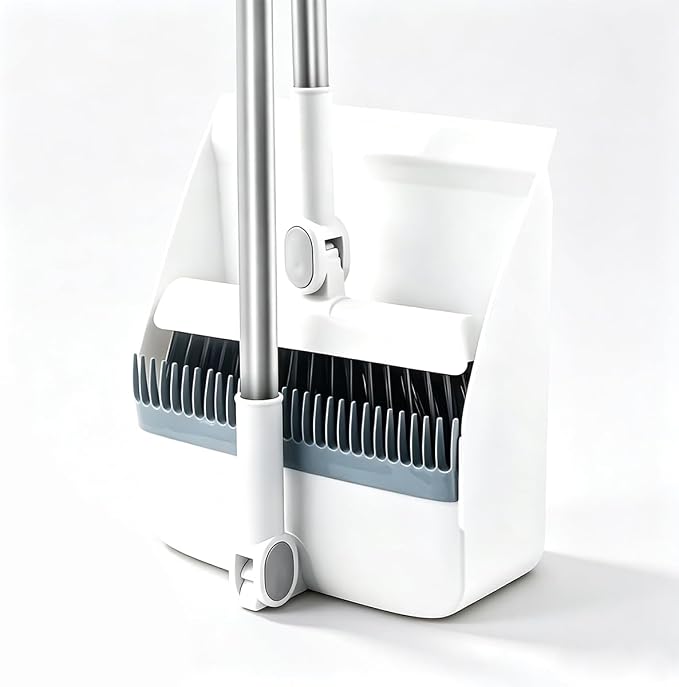 2-in-1 Upright Broom and Dustpan Combo with Long Handle | Comb Teeth Dustpan, Garbage Bag Holder, Indoor & Outdoor Use, Kitchen & Patio, Floor Sweeping Set