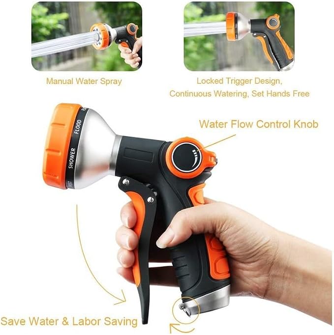 Garden Hose Nozzle Heavy Duty, High Pressure Adjustable 8 Patterns | Metal Water Hose Nozzle Volume Control Valve Attachment Hose Sprayer Nozzle for Outdoor Garden Watering Car Washing