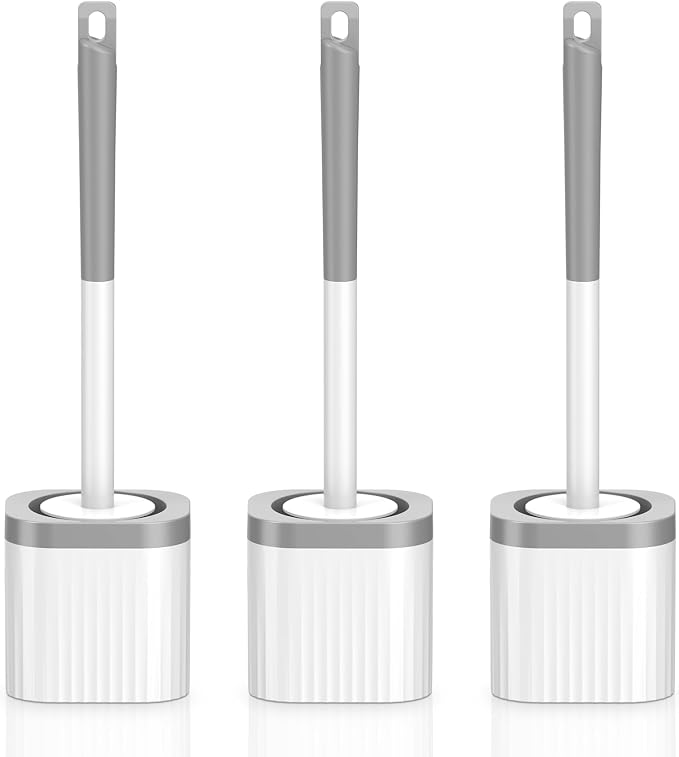 Toilet Brush, 3 Pack Compact Toilet Bowl Brush and Holder Set with Nylon Bristles Toilet Cleaner Brush Hidden Toilet Scrubber Brush for Bathroom Cleaning, Grey & White