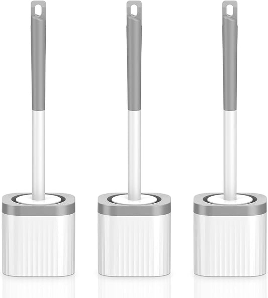Toilet Brush, 3 Pack Compact Toilet Bowl Brush and Holder Set with Nylon Bristles Toilet Cleaner Brush Hidden Toilet Scrubber Brush for Bathroom Cleaning, Grey & White