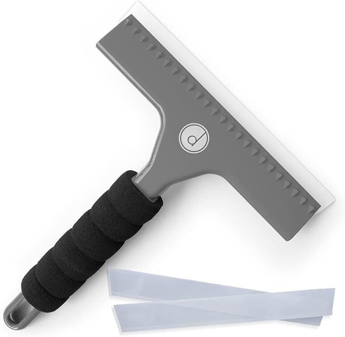 Squeegee for Shower Door, Car Windshield, and Glass Window - 2 Extra Silicone Replacement Blades - Foam Handle - Gray | 2 extra silicone replacement blades, foam grip handle – streak-free clean for shower, car & windows