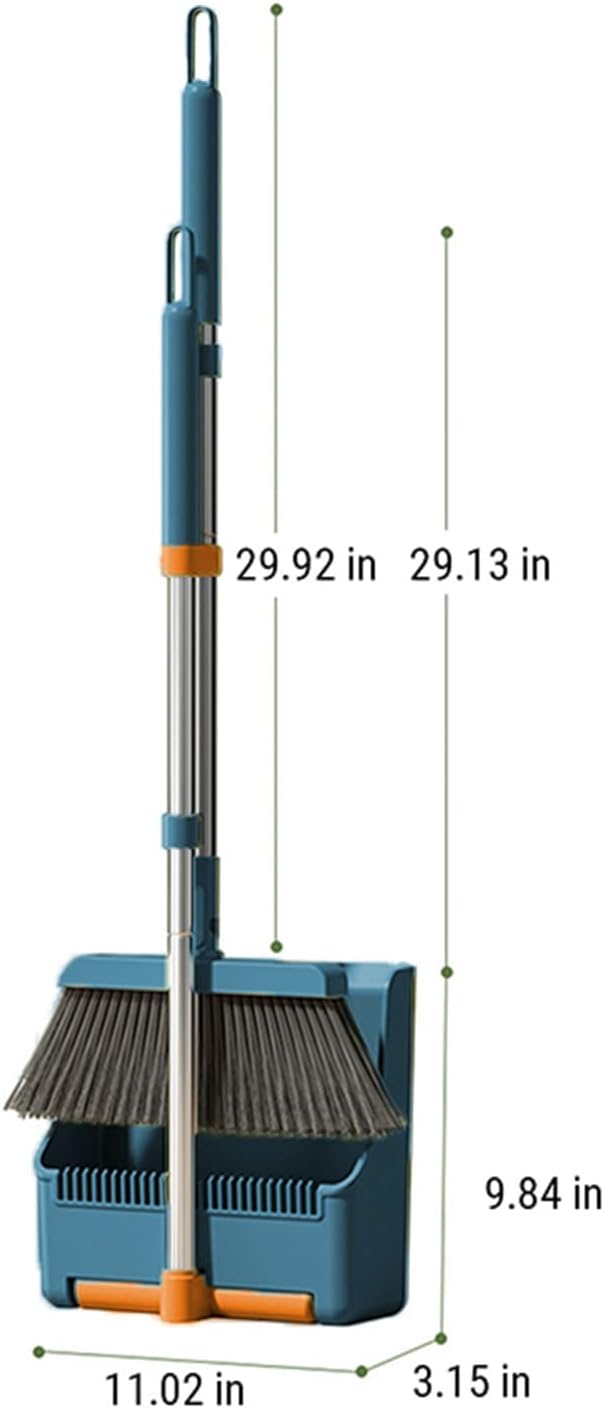 30'' Broom and Dustpan Set for Home with Scraping Teeth and Scraper, 180° Rotatable Long Handle Broom with Stand Up Dustpan Combo Set for Office Home Kitchen Lobby Floor, House Warming Gifts (Blue)