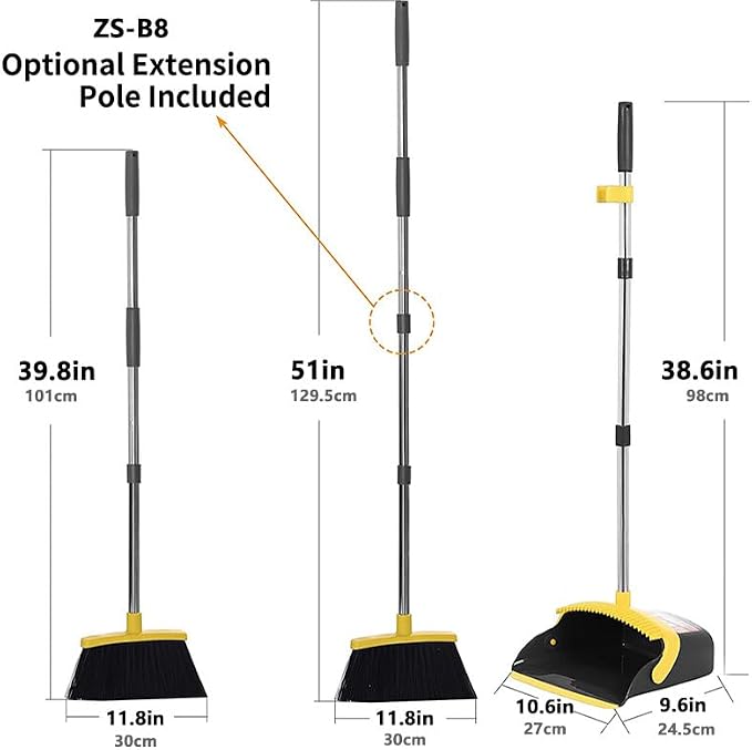 2-Pack is More economical,Brooms with Dustpan Combo Set， with 52" Long Handle, Dustpan Teeth with self-Cleaning Function, Indoor and Outdoor Sweeping, Perfect for Home Office (Large/Yellow/ 2-Pack)