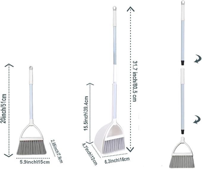 Mini Broom with Dustpan for Kids,Little Housekeeping Helper Set (White+Grey)