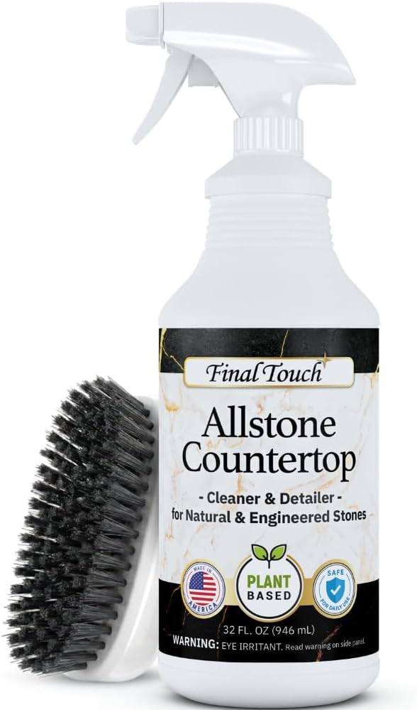 Final Touch AllStone Countertop Cleaner – Plant-Based Stone Safe Cleaning Spray with Scrub Brush – Daily Use Cleaner for Granite, Quartz, Marble, Kitchen Counters – Streak-Free Detail Clean