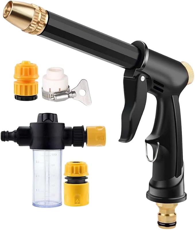 High Pressure Hose Nozzle with 4 Spray Modes, Adjustable Water Spray Gun, Metal Garden Hose Sprayer for Car Wash, Plant Watering, Patio & Outdoor Cleaning (1, Washer+3 Connectors+Foam Cannon)