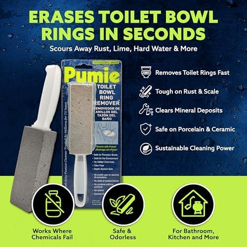 PUMIE Pumice Stone Toilet Bowl Cleaner (4-Pack) - Toilet Pumice Stone with Handle - Heavy Duty Scouring Stick for Rings, Bowls, Hard Water Stains, Lime, Rust, Sink - Includes Handle for Easy Use