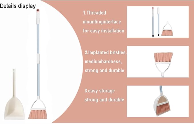 Mini Broom with Dustpan for Kids,Little Housekeeping Helper Set (White+Pink)