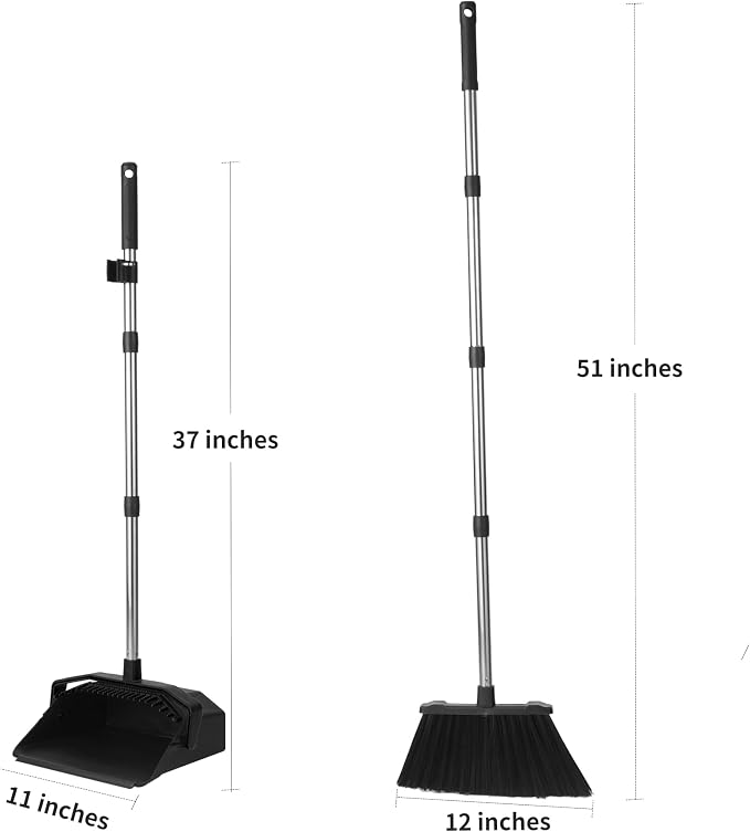 Tiumso 3-Pack Upright Broom with Dustpan Combo Set, Commercial Broom and Dustpan Set, Industrial Brooms and Dust Pan with Long Handle for Restaurant Kitchen Shop Warehouse Lobby Garage - Black