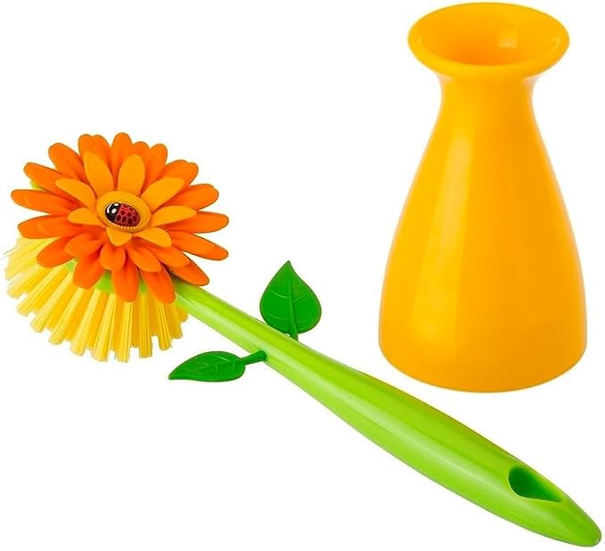 Vigar Flower Power Dish Brush with Handle and Vase Holder - Dish Scrub Brush for Dishes, Kitchen Scrub Brush, Dish Brush with Handle, Sink Cleaning Brush, Pot Scrubber, Dishwashing Brush - Orange
