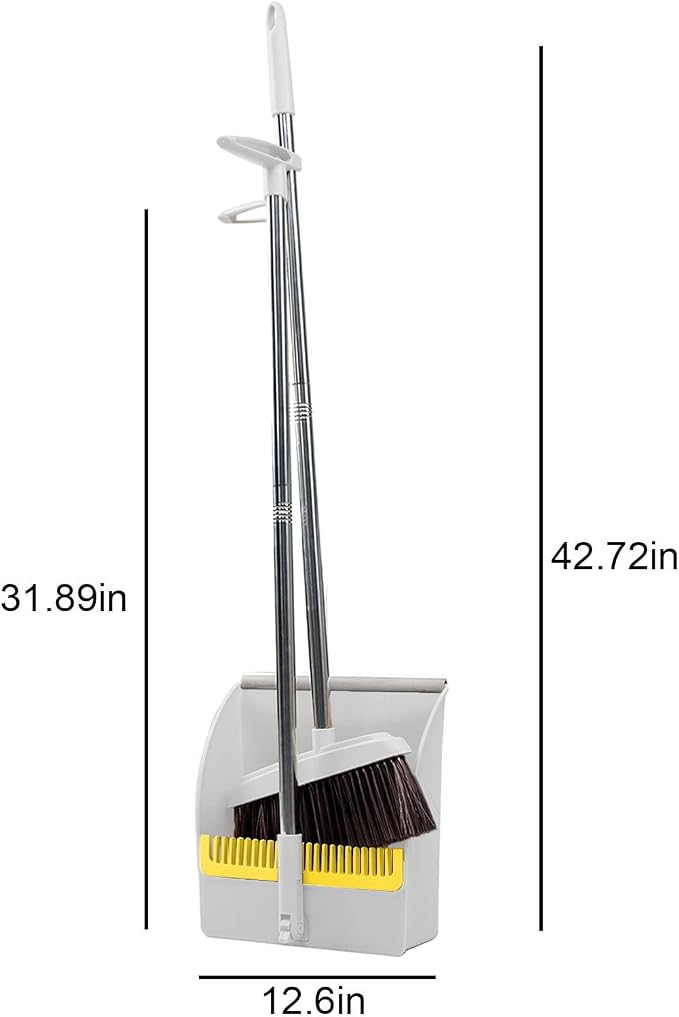 42.7'' Broom with Dustpan Combo Set, House Warming Gifts New Home, Dust pan and Broom Set, Long Handle Broom with Stand Up Dustpan Combo Set for Office Home Kitchen Lobby Floor Use (Khaki)