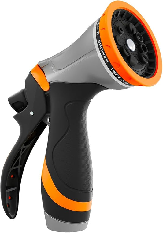 QUOBAS Metal Garden Hose Nozzle, Heavy Duty Water Hose Sprayer, Leak Proof | 10 Pattern Water Nozzle with Rubber Gasket, Garden Sprayer for Watering Plants, Washing Cars, Pet Shower, Orange