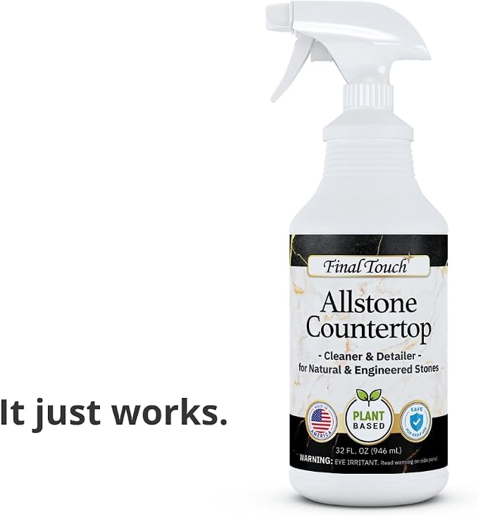 Final Touch AllStone Countertop Cleaner – Plant-Based Stone Safe Cleaning Spray with Scrub Brush – Daily Use Cleaner for Granite, Quartz, Marble, Kitchen Counters – Streak-Free Detail Clean