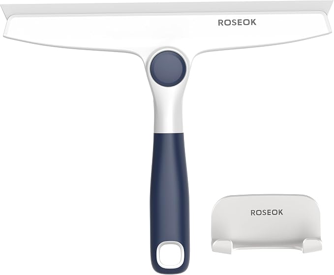 ROSEOK Shower Squeegee, Silicone Squeegee for Glass Doors with Hook | For Bathroom, Window, Mirror, Tile Wall, Pivoting Head, 10 Inch, Navy Blue, 1 Pack