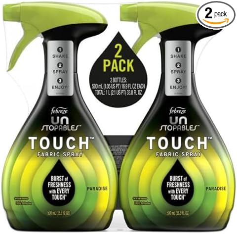 Febreze Unstopables Touch Fabric Spray, Burst of Freshness w/ Every Touch, 500mL Per, Up to 100 Touches - Paradise ( Pack 2 ) 33.8 Fl Oz