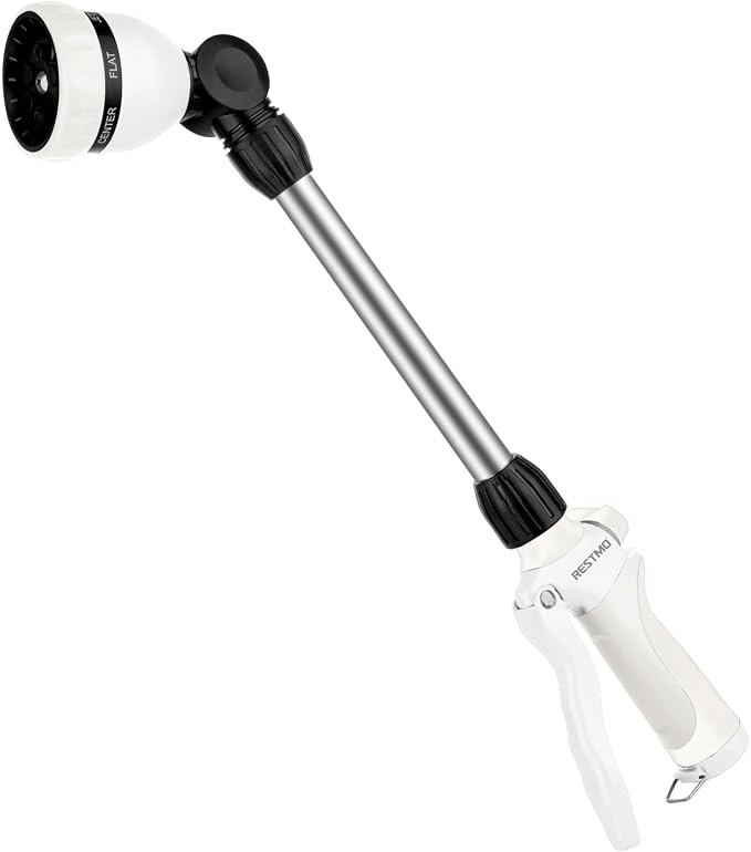 RESTMO Heavy Duty Metal Hose Wand, Watering Wand for Garden Hose | 180° Swivel Ratcheting Head, 16'' Hose Sprayer, 7 Spray Patterns, Flow Control, Ideal for Hanging Baskets & Shrubs, White