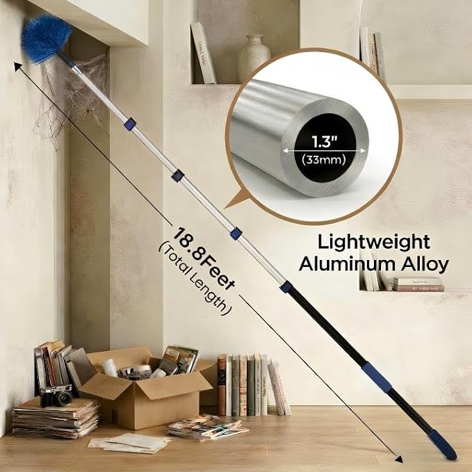 25ft High Ceiling Duster Kits with 5-18ft Heavy Duty Extension Pole - Fan Blade Cleaner, Cobweb Remover & Blue Window Squeegee Kit, Washable Dust Brush for High Roof and Glass Surfaces