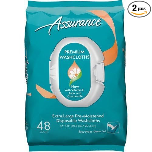 Assurance Premium Pre-moistened Disposable Washcloths, Extra Large, 48ct, Multi(96 Wipes Total) by Assurance