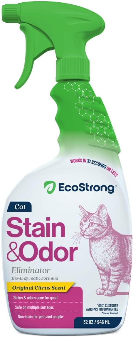 Eco Strong Cat Stain And Odor Remover | Enzyme Urine Odor Neutralizer - Stain Remover for Carpet, Litter Boxes, Bedding, and Laundry [Citrus Scent, 32 oz. Spray]