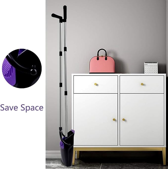 Broom and Dustpan Set, Upright Purple Broom with Dustpan Combo Set 51" Long Handle, Self Cleaning Dust Pan for Home, Kitchen and Office