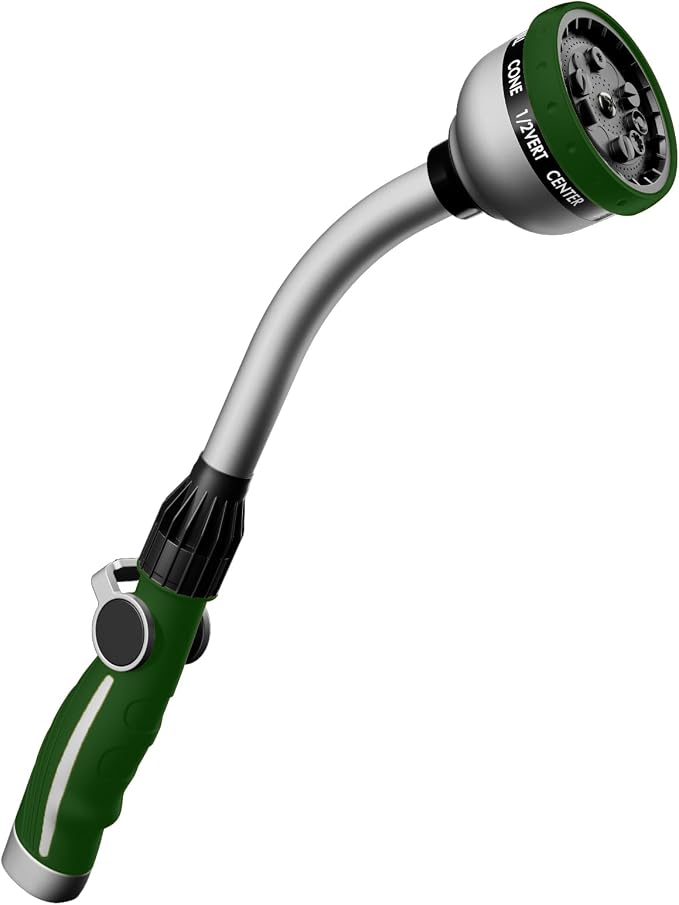 RESTMO Watering Wand Heavy Duty, 15-Inch Long Hose Nozzle Sprayer | 10 Spray Patterns & Thumb Flow Control, Metal Garden Hose Wand for Water Hanging Baskets and Shrubs, Green